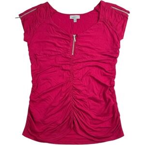 Linea Domani Magenta Pink Ruched Front Zip Cap Sleeve Top XL Y2825